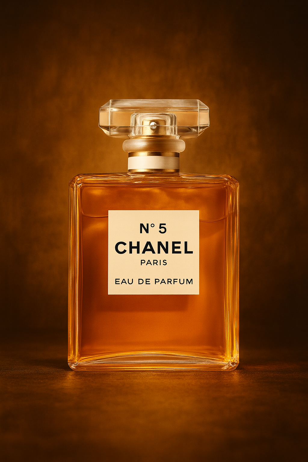 Chanel No. 5 Eau de Parfum bottle with amber liquid on a golden background