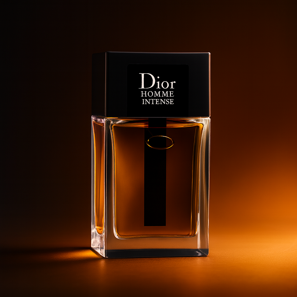 Dior Homme Intense Eau de Parfum bottle with amber liquid and black cap displayed against a warm amber background