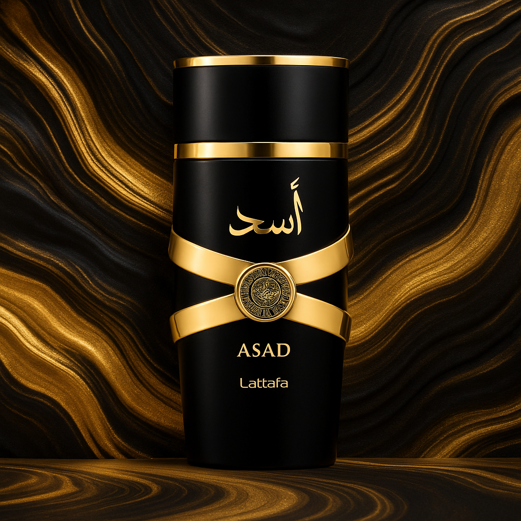 Lattafa Asad Eau de Parfum bottle with black and gold detailing on a dramatic gold wave background