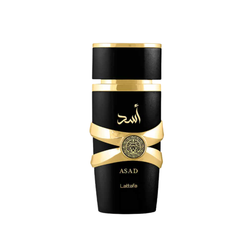 Lattafa Asad Eau de Parfum bottle isolated on white background with black matte and gold accents