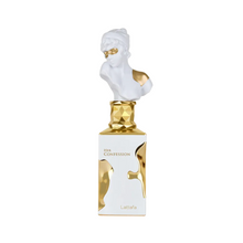 Lattafa Her Confession perfume bottle featuring white bust and gold accents on white background
