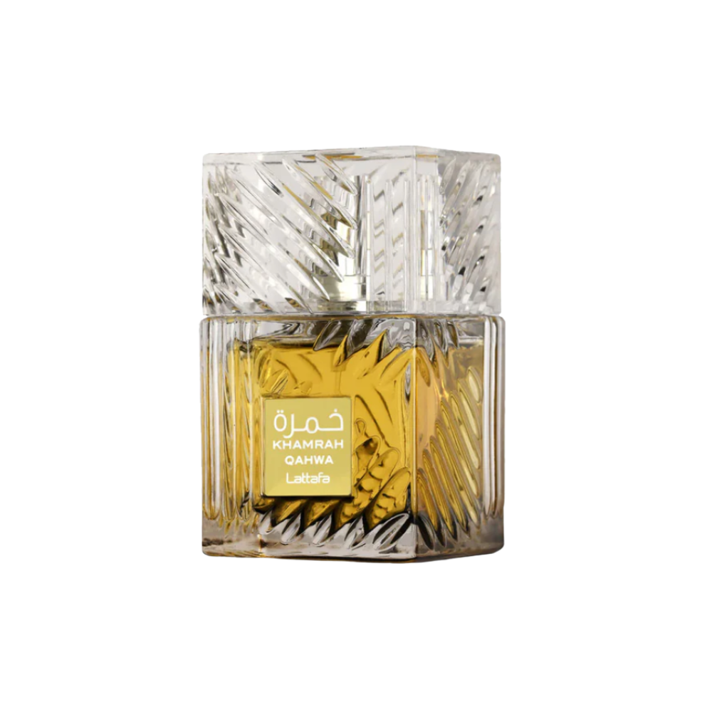 Lattafa Khamrah Qahwa Sample full bottle image on white background – Sample this fragrance at Scent Suave