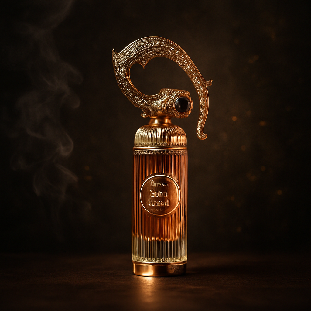 Lattafa Sehr perfume bottle with ornate golden handle on a dark smoky background