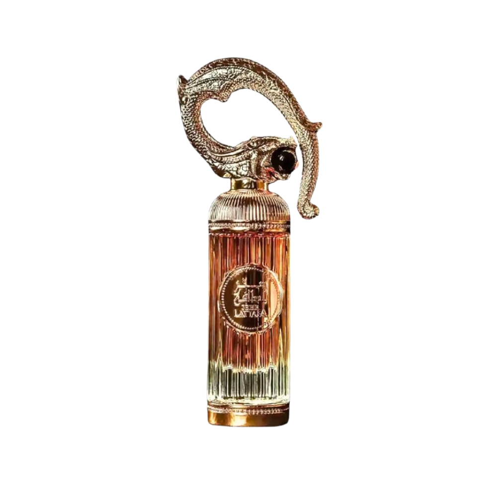 Lattafa Sehr Eau de Parfum bottle with gold detailing and curved ornamental cap on white background