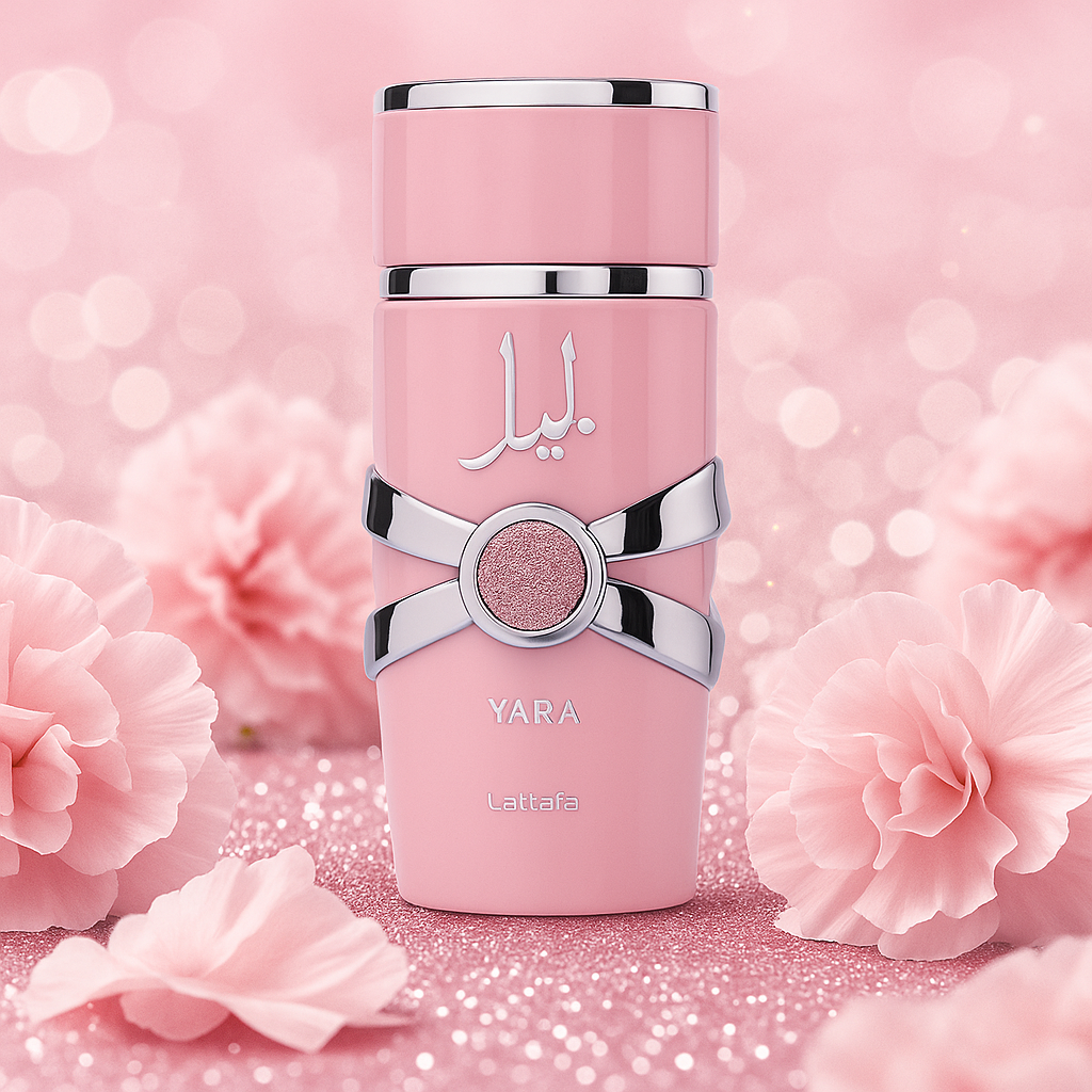 Lattafa Yara Eau de Parfum bottle with floral pink background and glitter, showcasing elegant feminine design