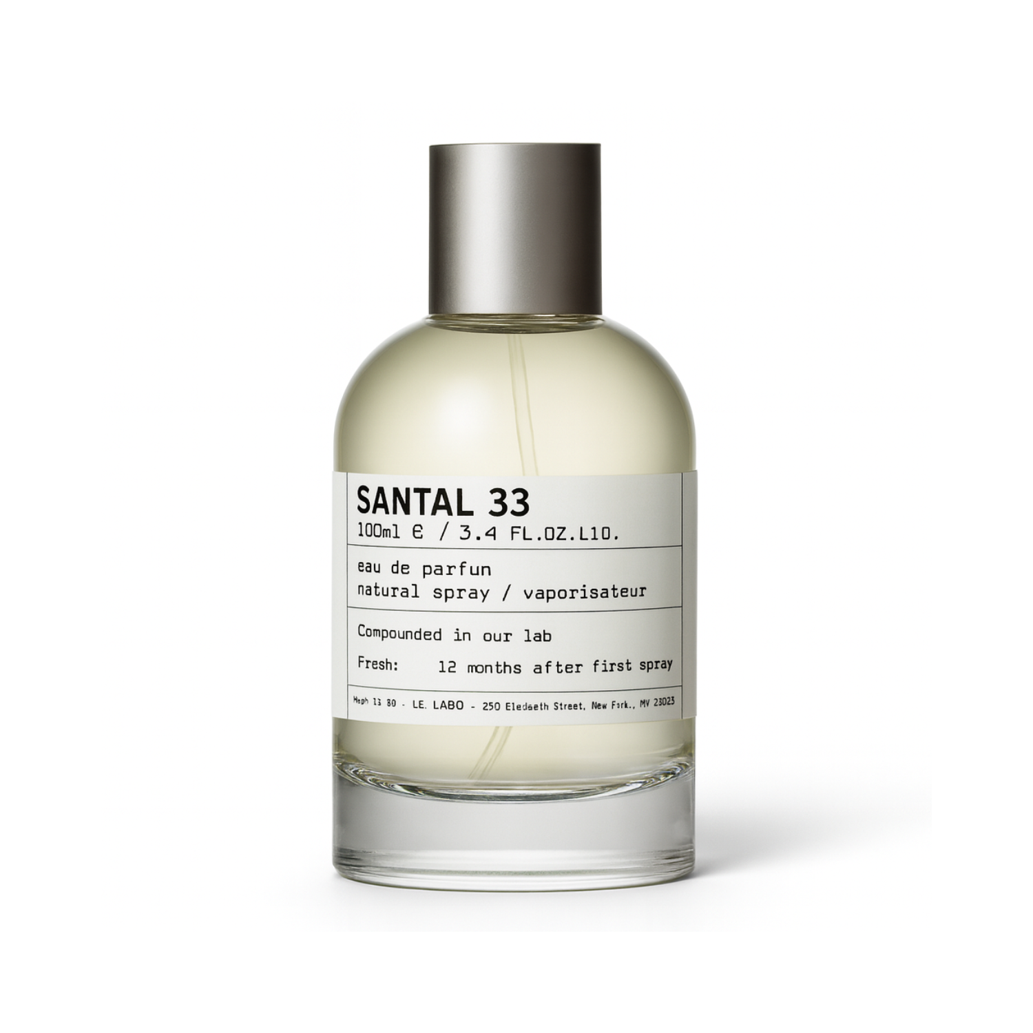 Le Labo Santal 33 perfume bottle with minimalist white label and silver cap on a plain white background