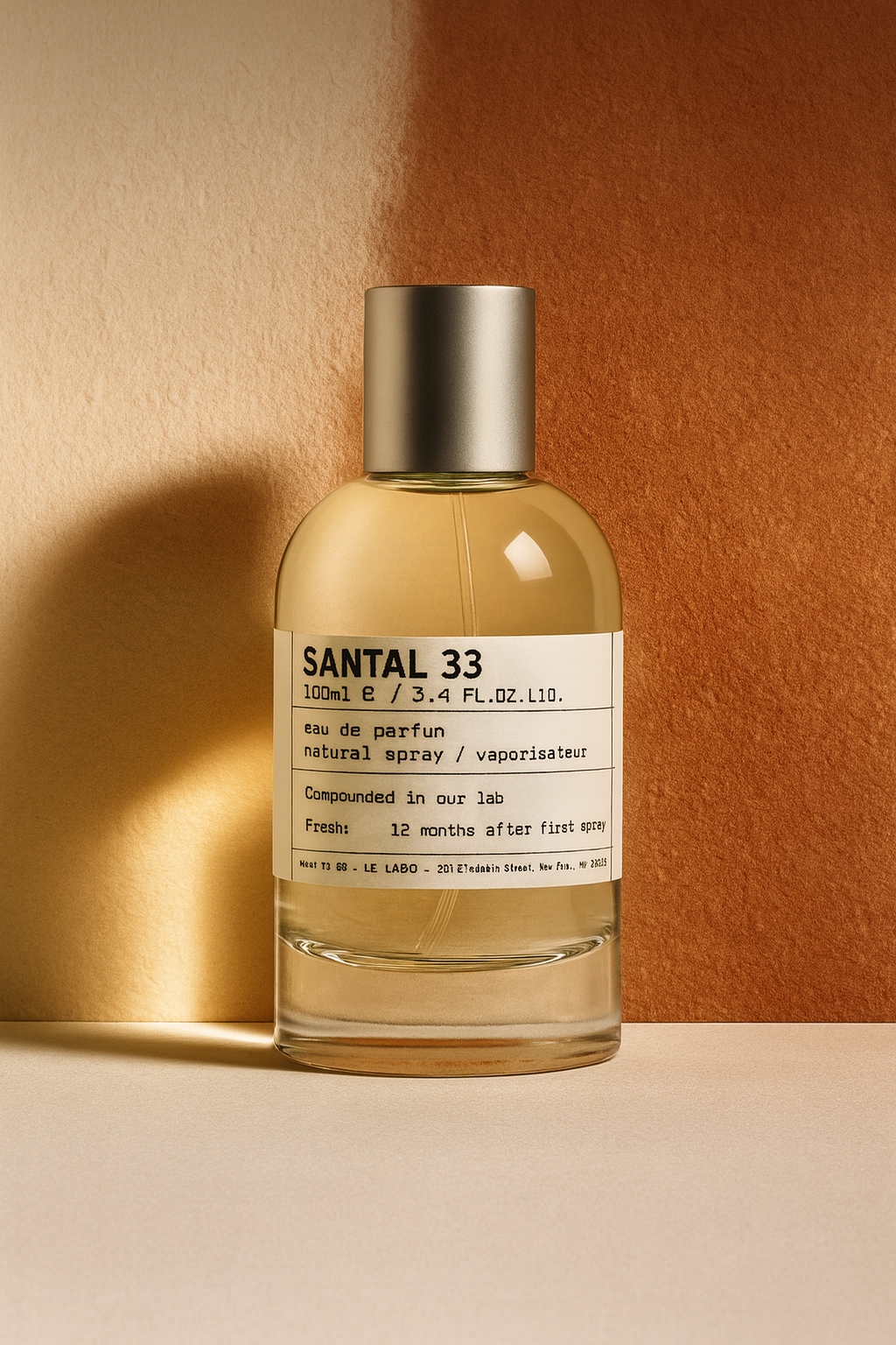 Le Labo Santal 33 perfume bottle with silver cap displayed against a warm beige and brown gradient background