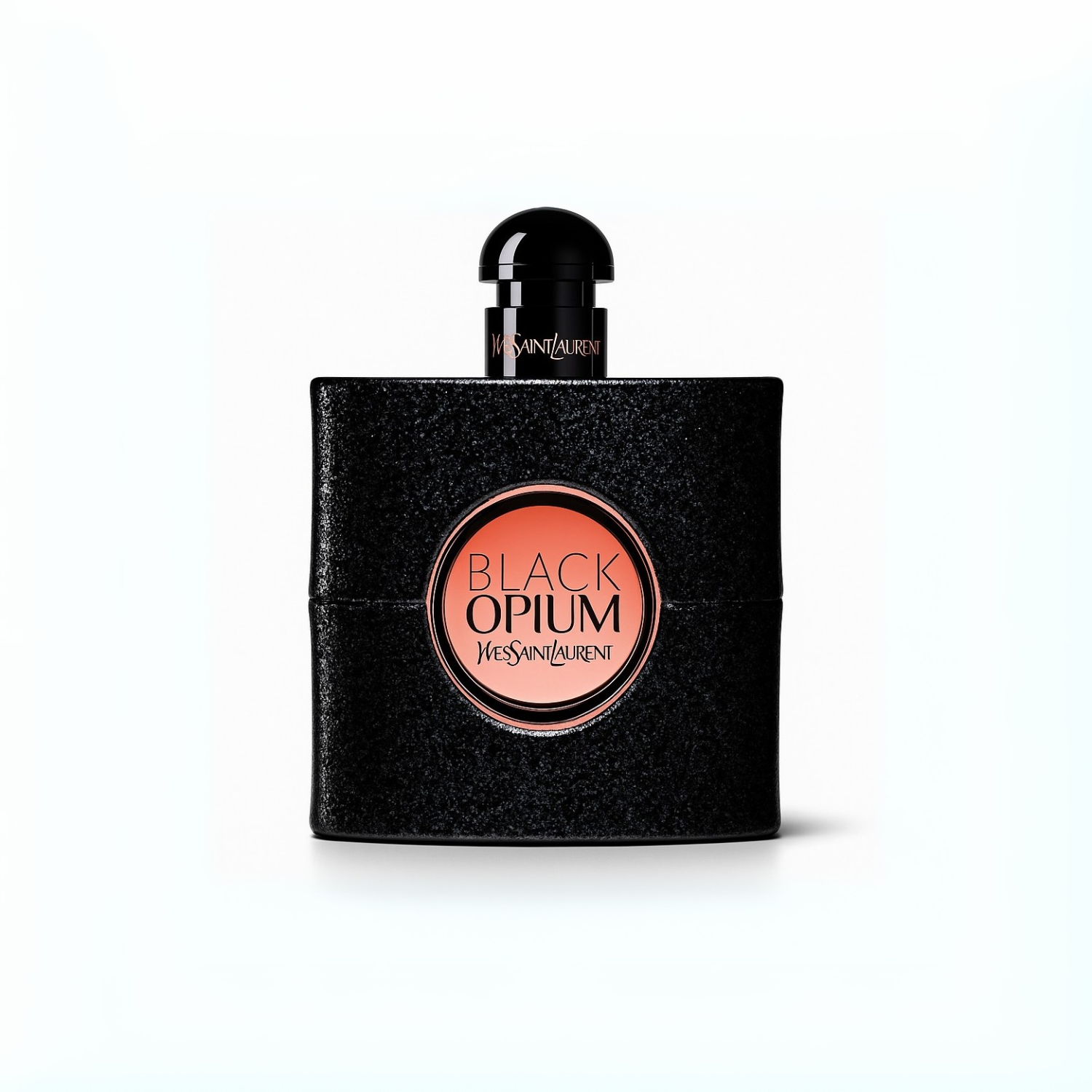 Yves Saint Laurent Black Opium Eau de Parfum black glitter bottle with pink center label on a plain white background