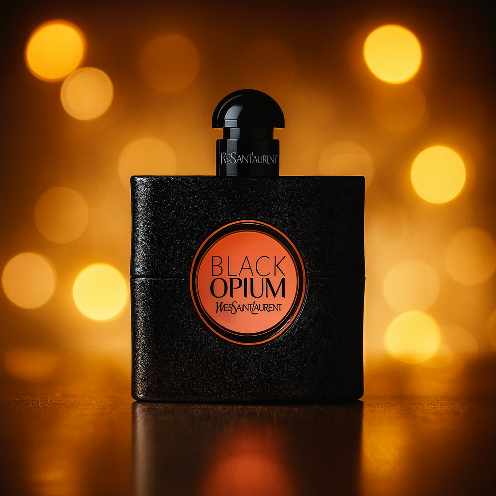Yves Saint Laurent Black Opium Eau de Parfum black glitter bottle with pink center label displayed against golden lights background