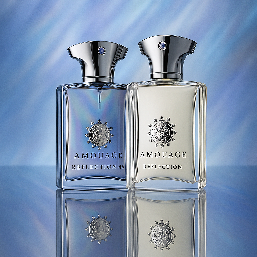Amouage perfume bottles styled with ornate niche presentation