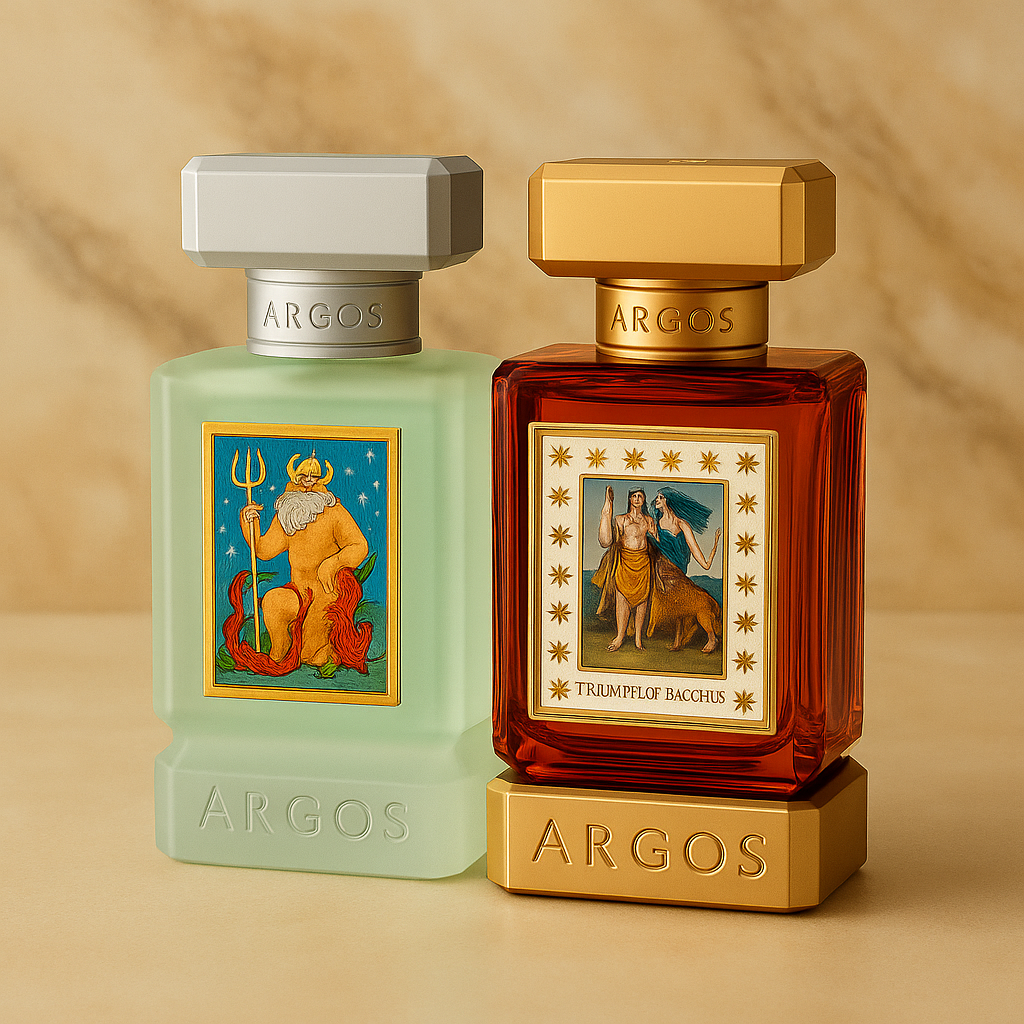 Argos fragrance bottles displayed with mythological-themed elegance