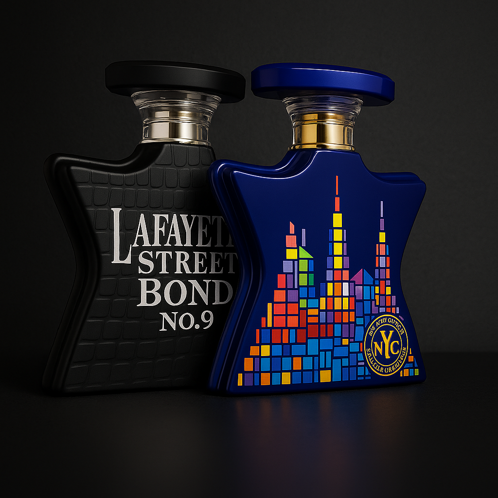 Colorful Bond No. 9 fragrance bottles arranged with NYC-inspired design