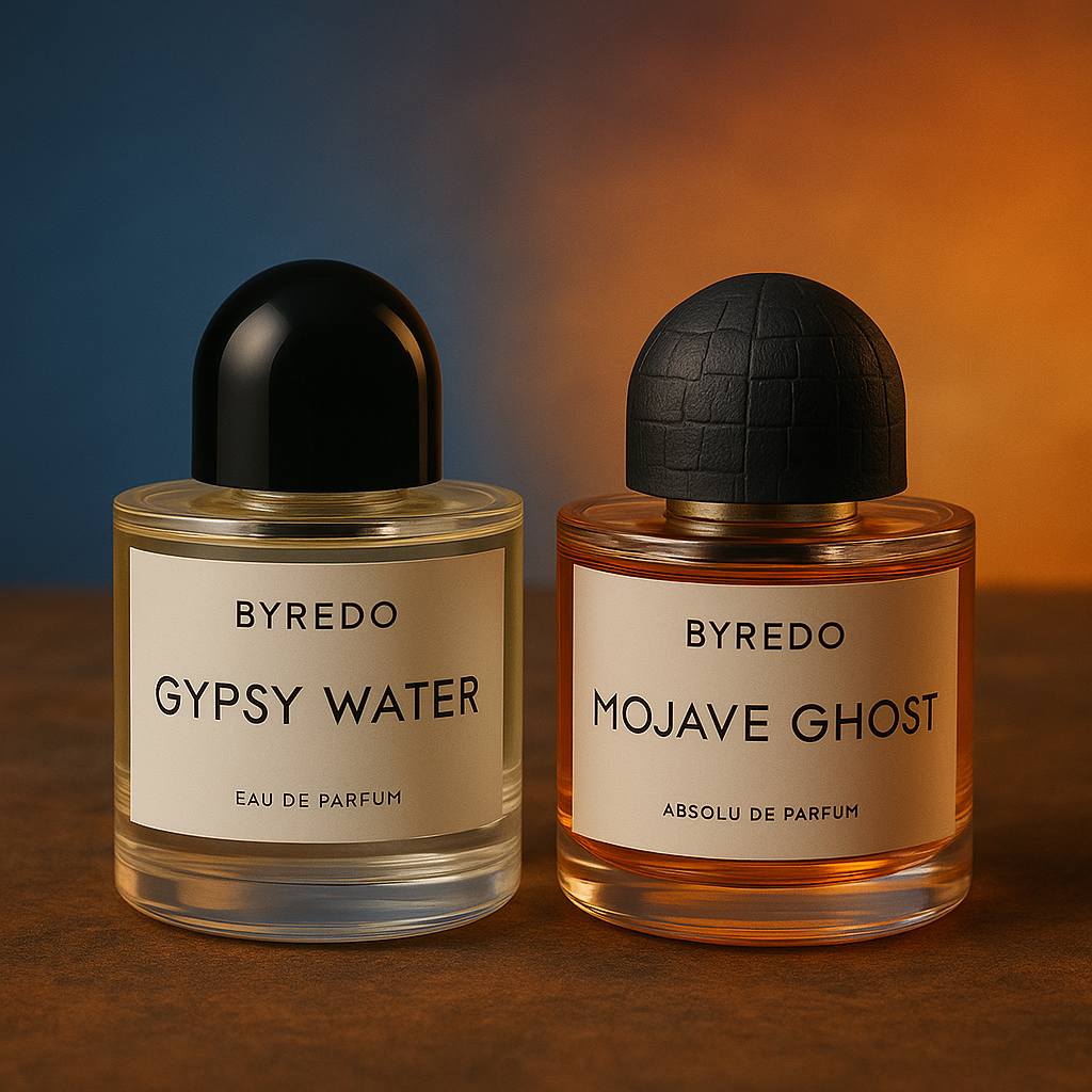 Byredo bottles like Mojave Ghost and Gypsy Water in aesthetic layout