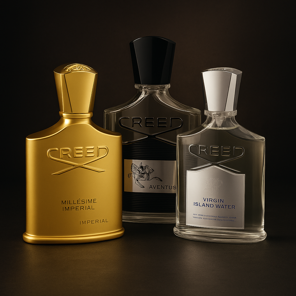 Creed fragrance bottles including Aventus shown in upscale composition