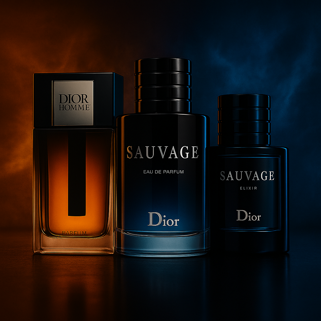 Dior cologne bottles for men including Sauvage in a modern aesthetic