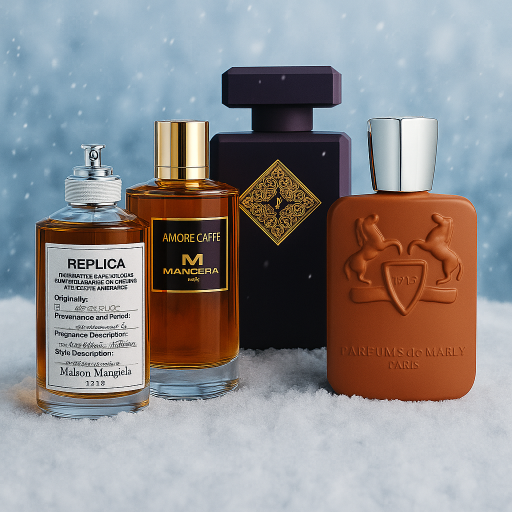 Warm and spicy cologne bottles arranged for seasonal inspiration