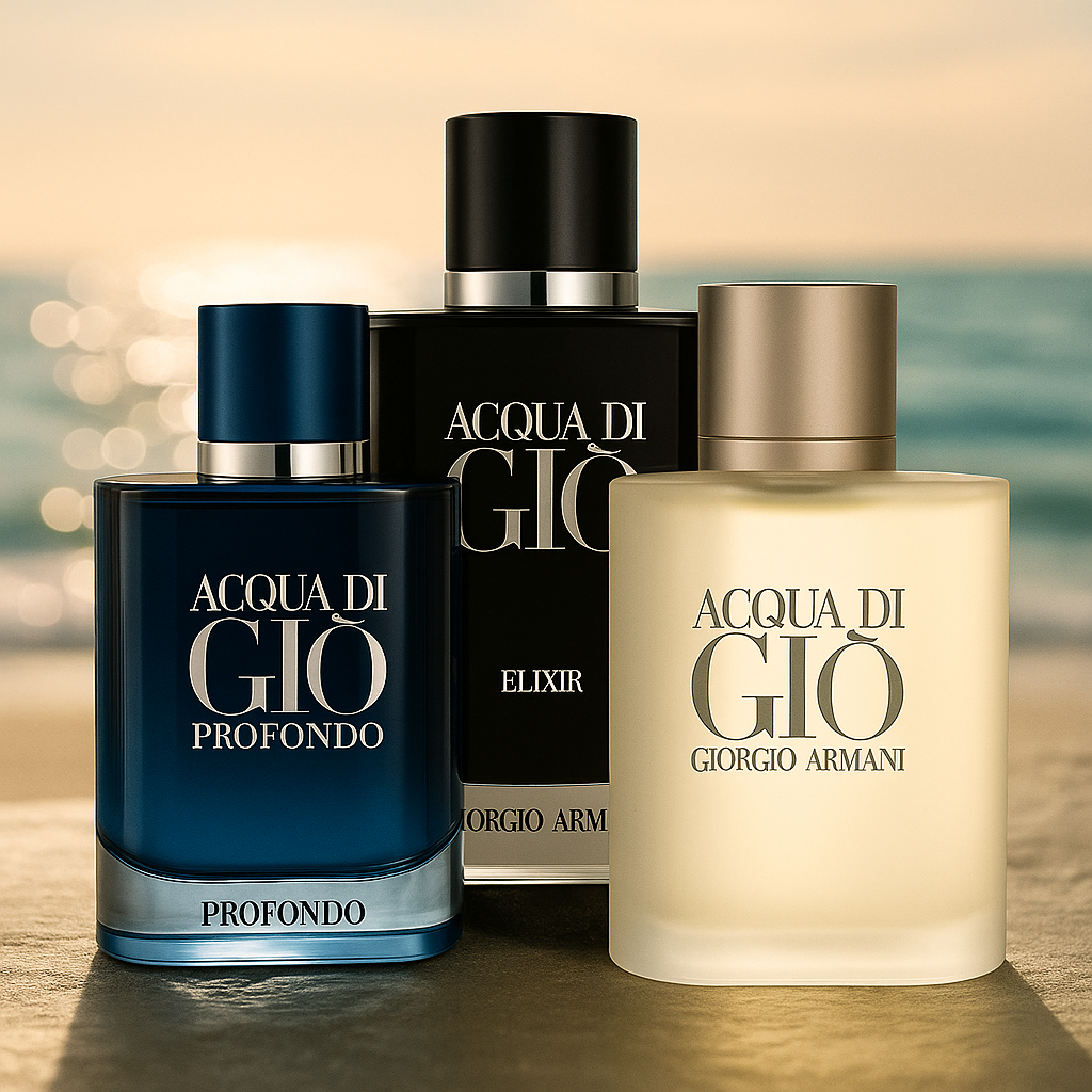 Armani Code and Acqua di Gio bottles styled in a designer collection