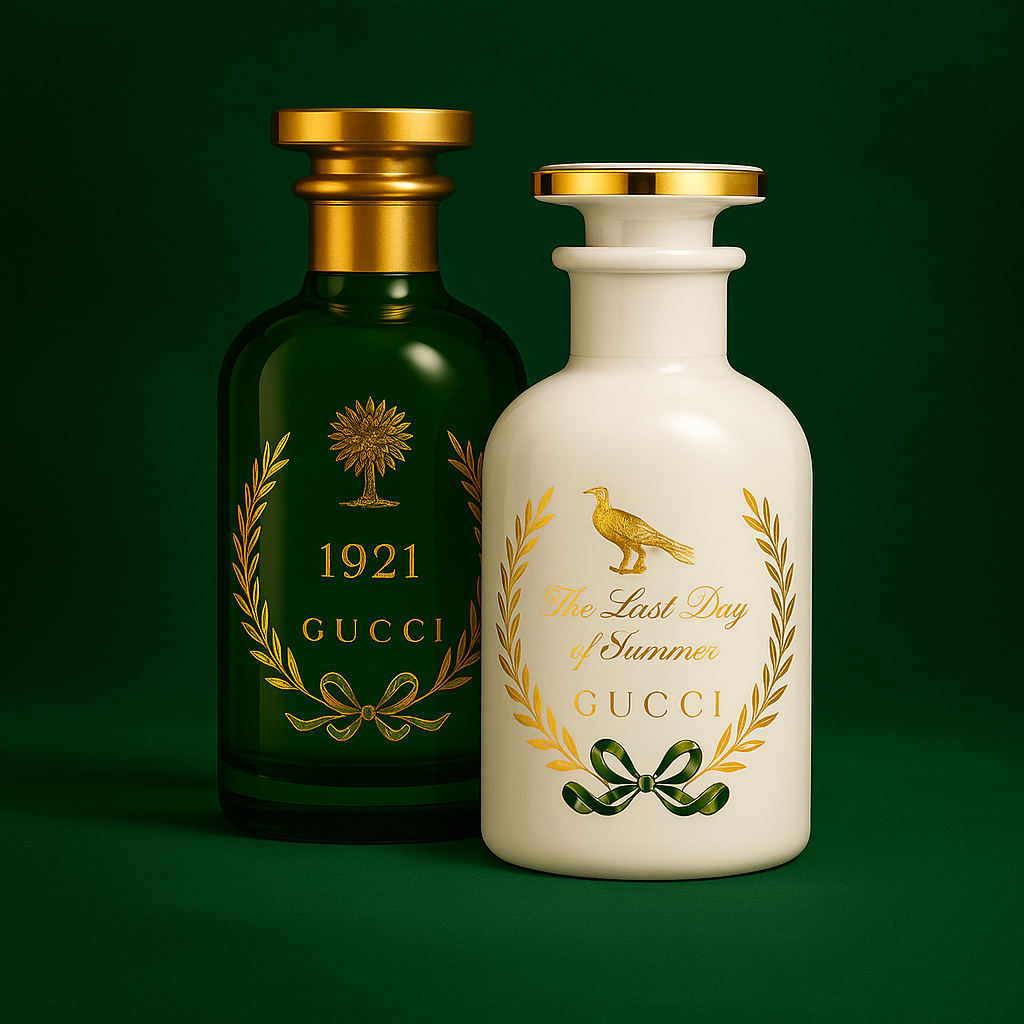 Gucci men’s colognes styled in a modern, fashion-forward arrangement