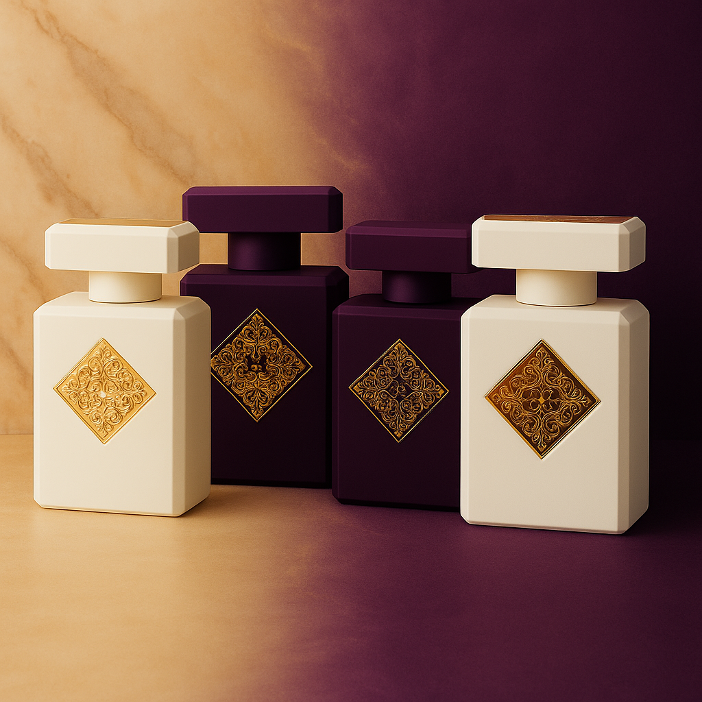 Initio Parfums fragrance bottles displayed in bold, edgy styling