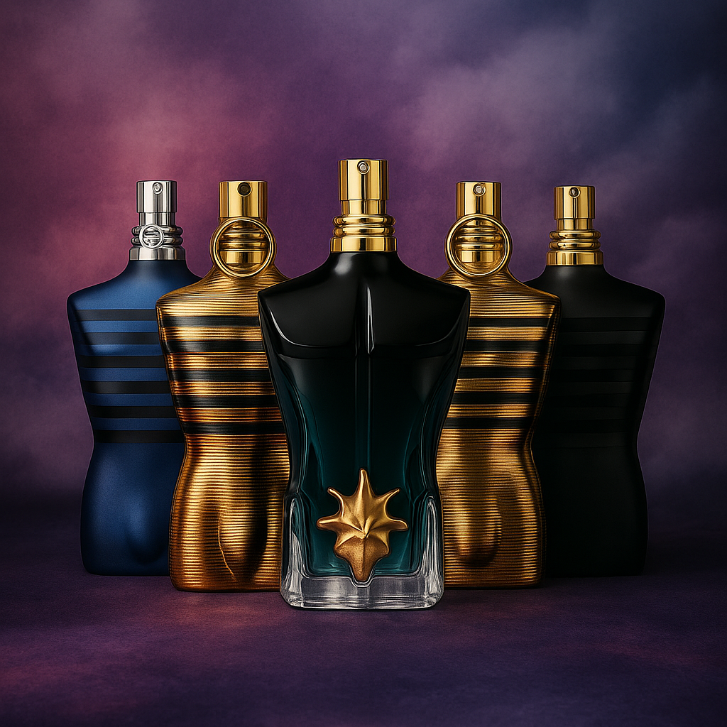 Le Male and Le Beau bottles by Jean Paul Gaultier shown in a bold layout