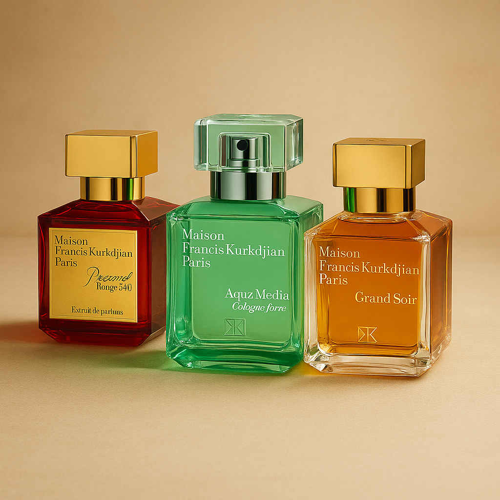 MFK bottles including Baccarat Rouge styled with French elegance