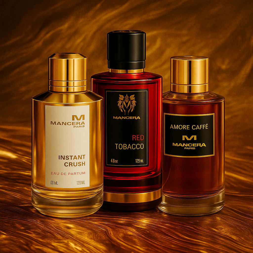 Mancera bottles like Red Tobacco and Instant Crush in luxe styling