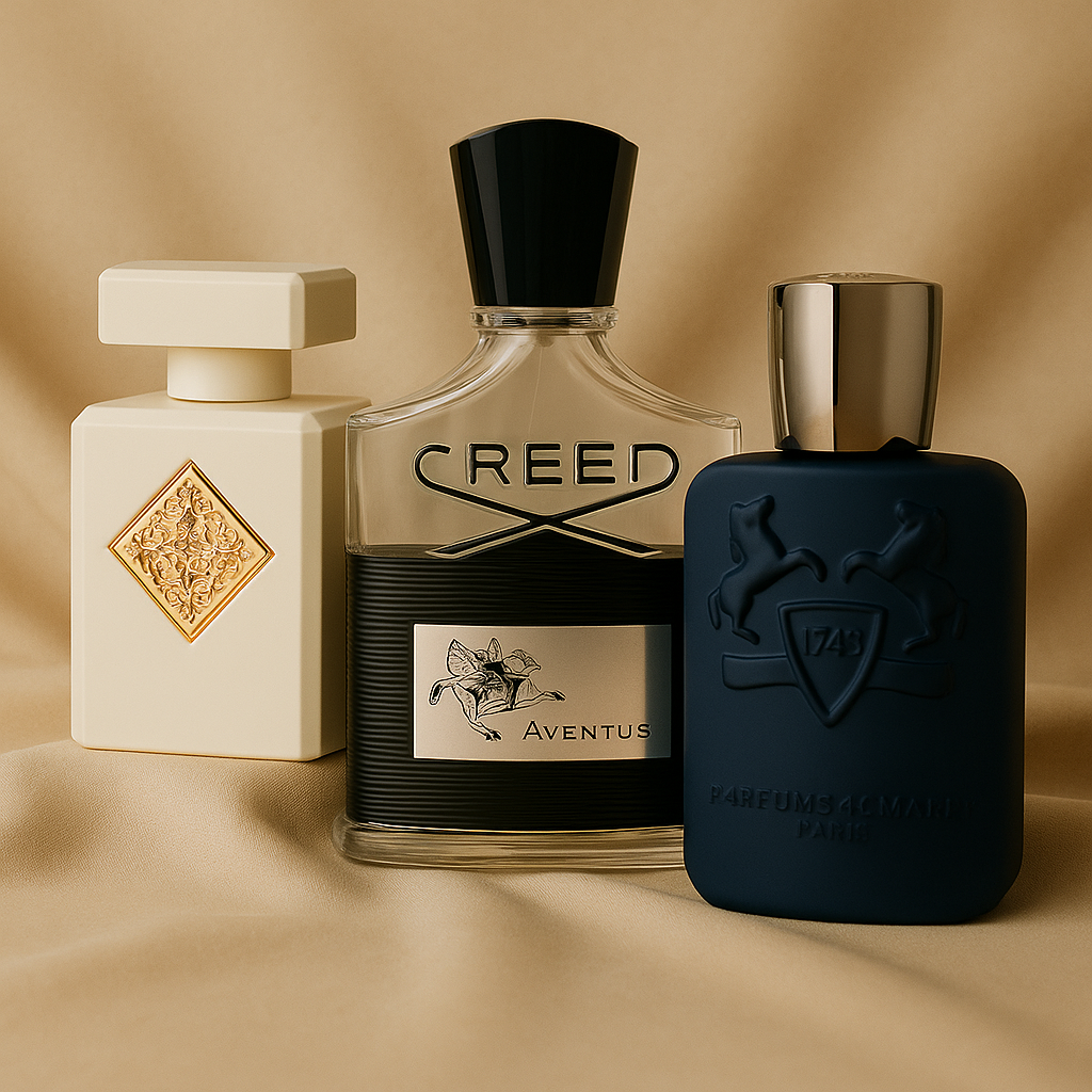 Luxury niche fragrance bottles styled in upscale layout