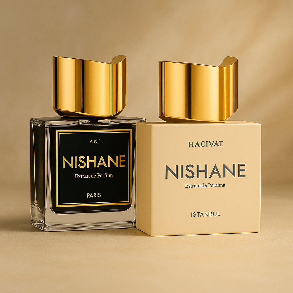Nishane perfume bottles including Ani X and Hacivat in niche display