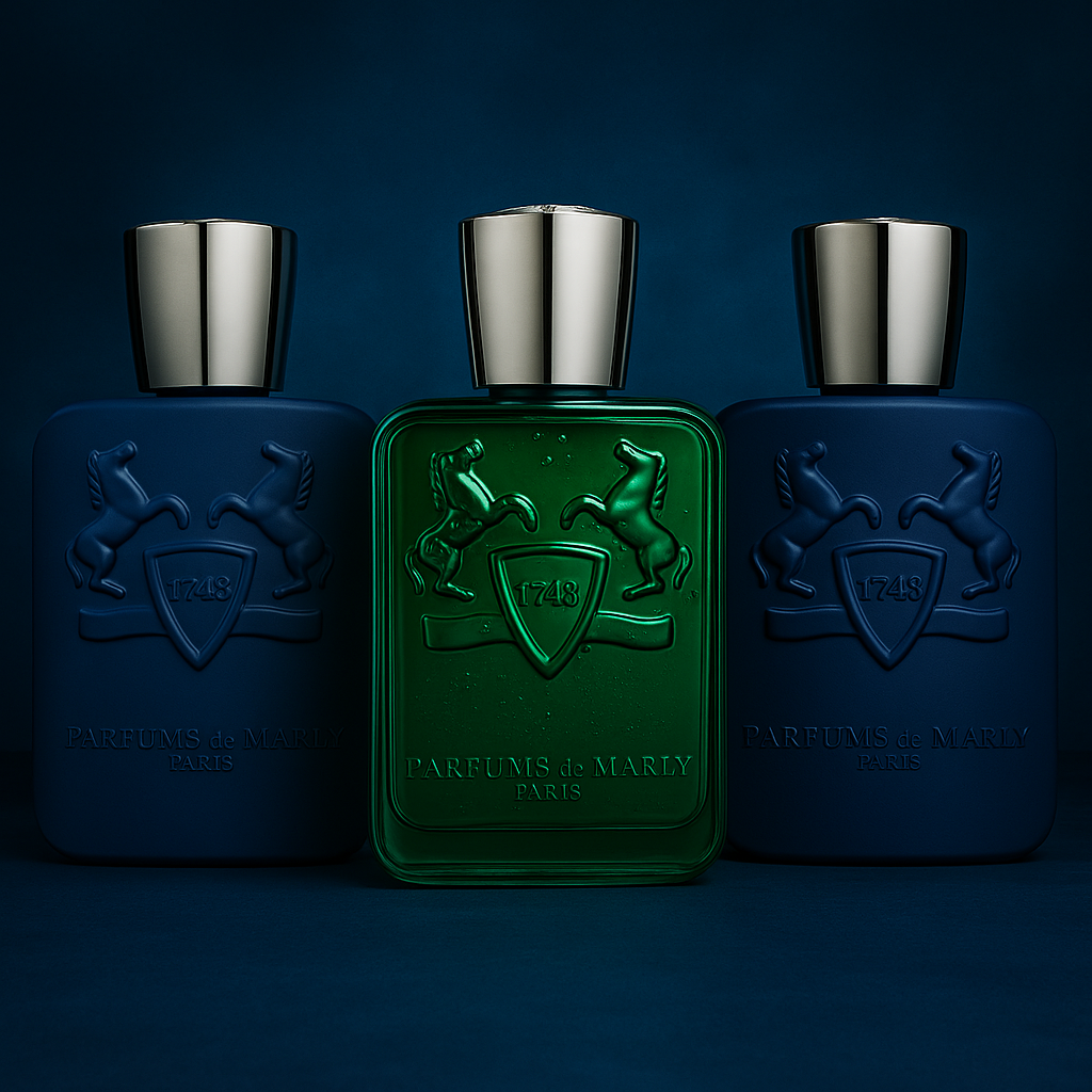 Parfums de Marly bottles arranged in royal, equestrian-inspired theme
