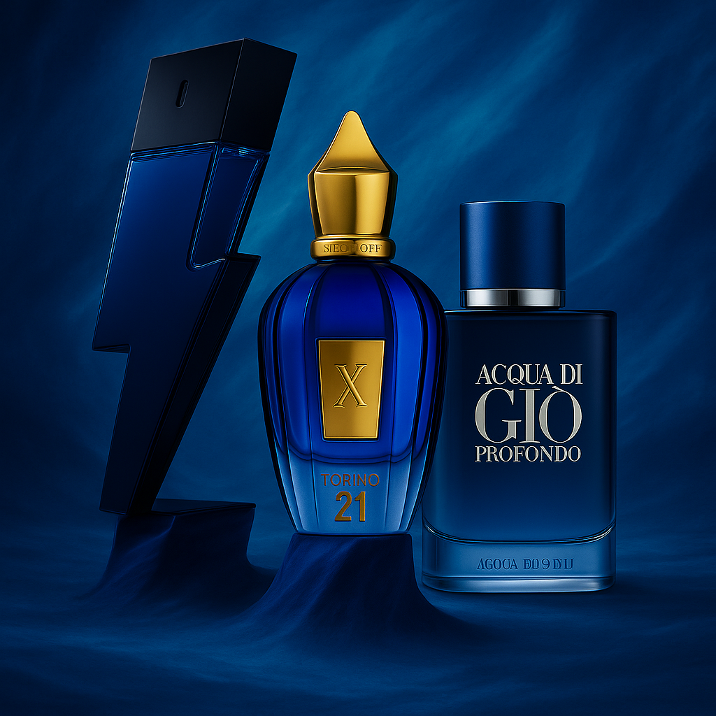 Mixed designer and niche fragrance bottles shown in curated layout