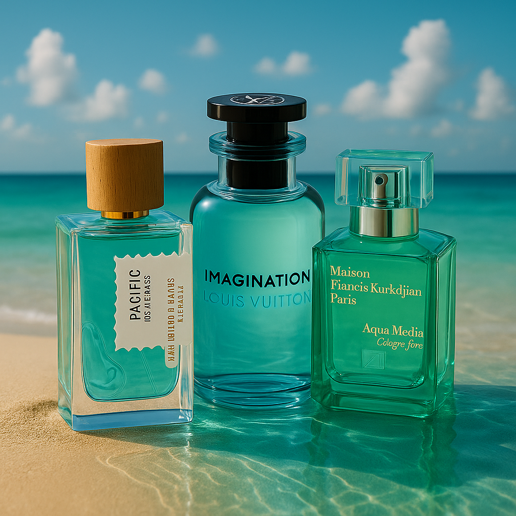 Bright, citrusy colognes arranged for warm-weather aesthetic