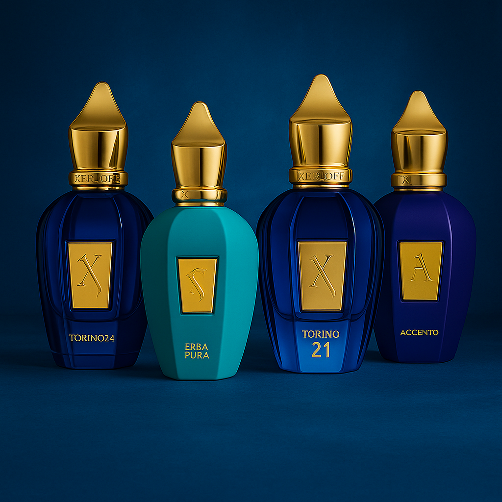 Xerjoff bottles like Accento and Torino 21 styled in niche luxury theme