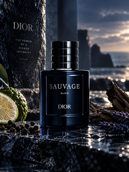 Dior Sauvage Elixir men's fragrance bottle in a dramatic coastal setting with bergamot, lavender, dark woods and wet black stone
