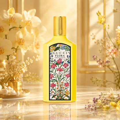 Gucci Flora Gorgeous Orchid Eau de Parfum displayed in a luxurious sunlit floral setting with orchids and colorful flowers, highlighting the bright yellow bottle and feminine floral vanilla character of the fragrance