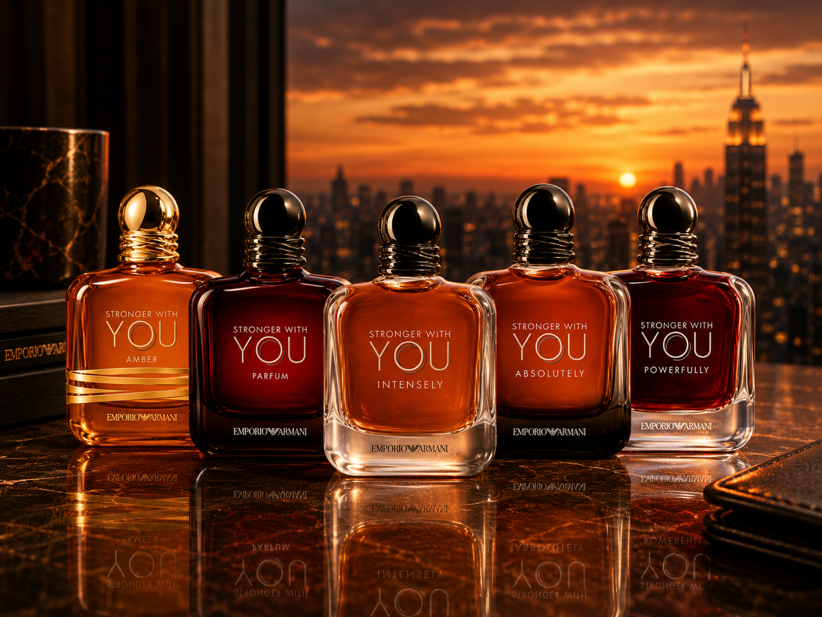 Emporio Armani Stronger With You Discovery Set featuring five men's fragrances in a luxury New York setting with warm amber sunset and Empire State Building view