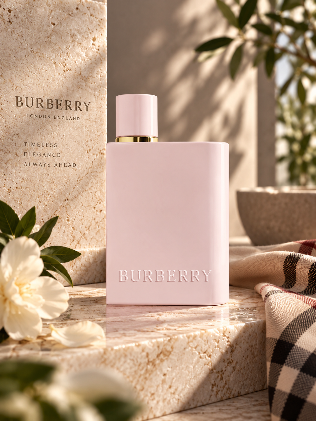 Burberry Her Elixir de Parfum women's perfume bottle in a luxurious sunlit setting with beige marble, white flowers and signature Burberry check fabric