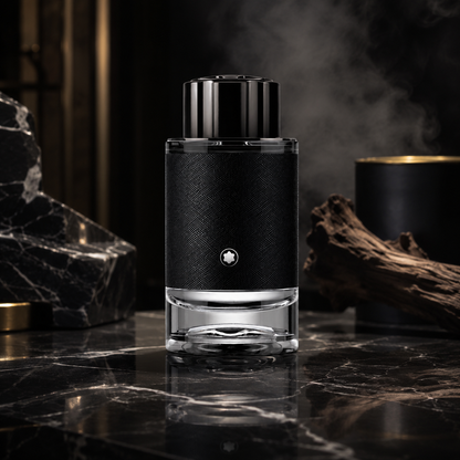 Montblanc Explorer EDP men's cologne bottle on black marble with dark woods, smoky background and luxury masculine styling