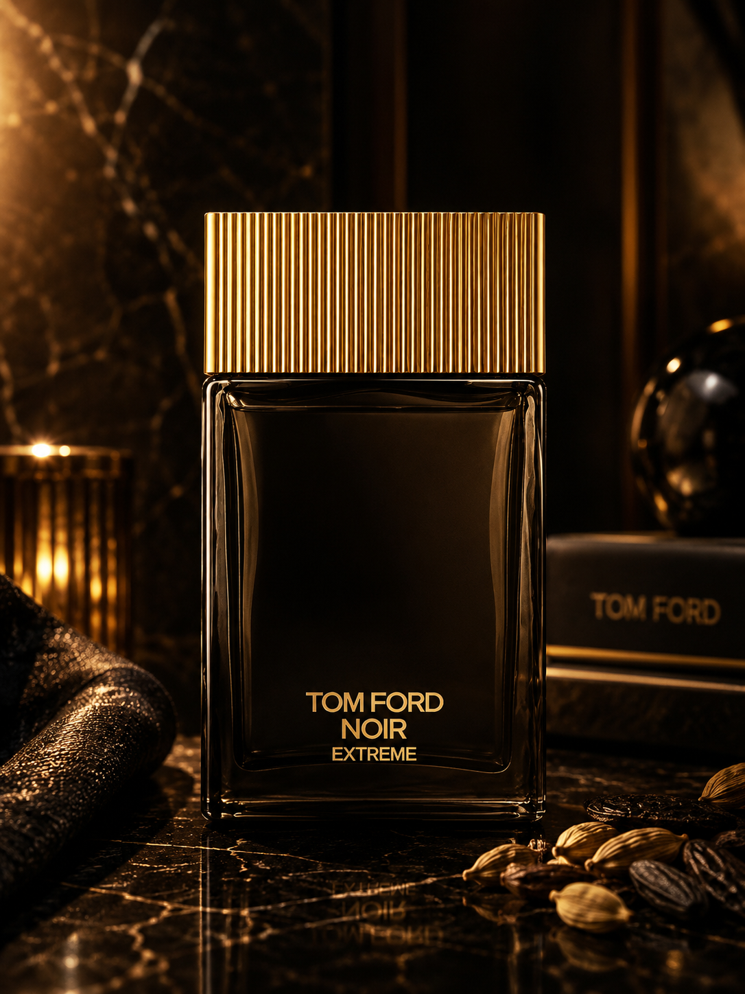 Tom Ford Noir Extreme Eau de Parfum men's fragrance bottle on black marble with warm golden lighting, cardamom spices and luxurious dark styling