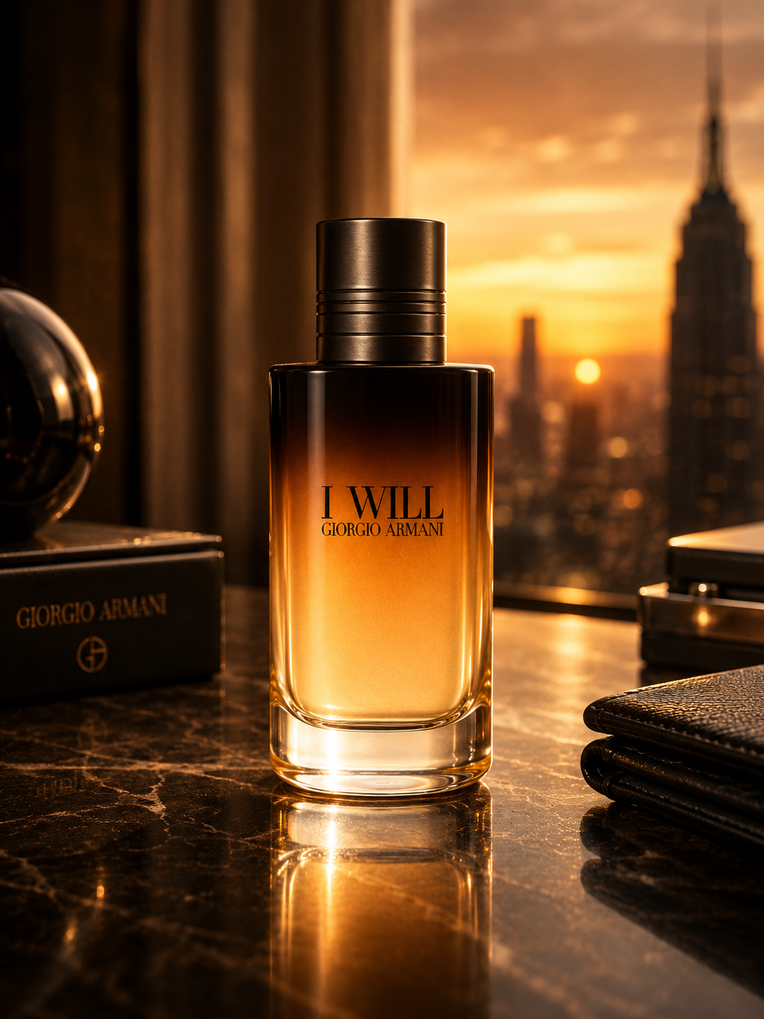 Giorgio Armani I Will Eau de Parfum men's fragrance bottle in a luxury New York setting with warm amber sunset lighting and Empire State Building view