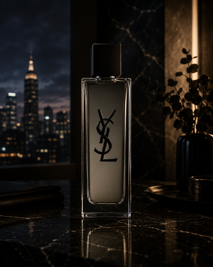 Yves Saint Laurent MYSLF Eau de Toilette luxury men's fragrance displayed on a marble surface with a modern city skyline and sophisticated evening ambiance