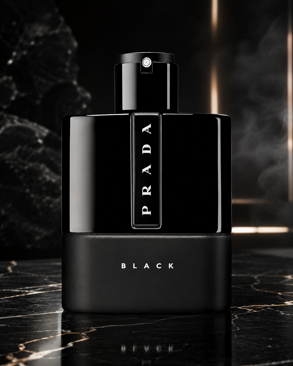 Prada Luna Rossa Black Eau de Parfum bottle on black marble with dark smoky luxury background