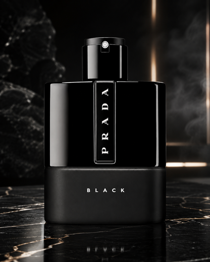 Prada Luna Rossa Black Eau de Parfum bottle on black marble with dark smoky luxury background