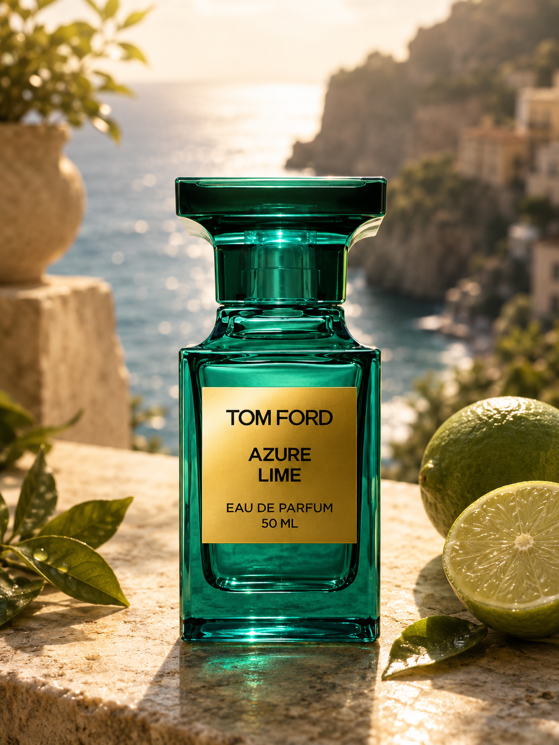 Tom Ford Azure Lime Eau de Parfum bottle on a sunlit Mediterranean coast with fresh limes and green leaves
