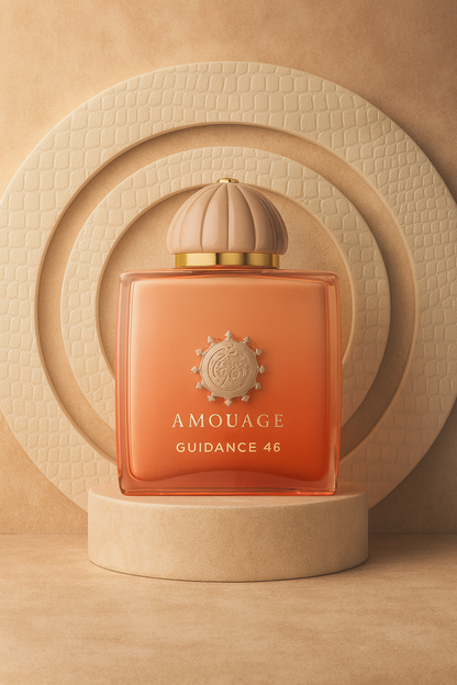 Amouage Guidance 46 Extrait bottle on beige textured circular backdrop – luxury extrait de parfum product photo.