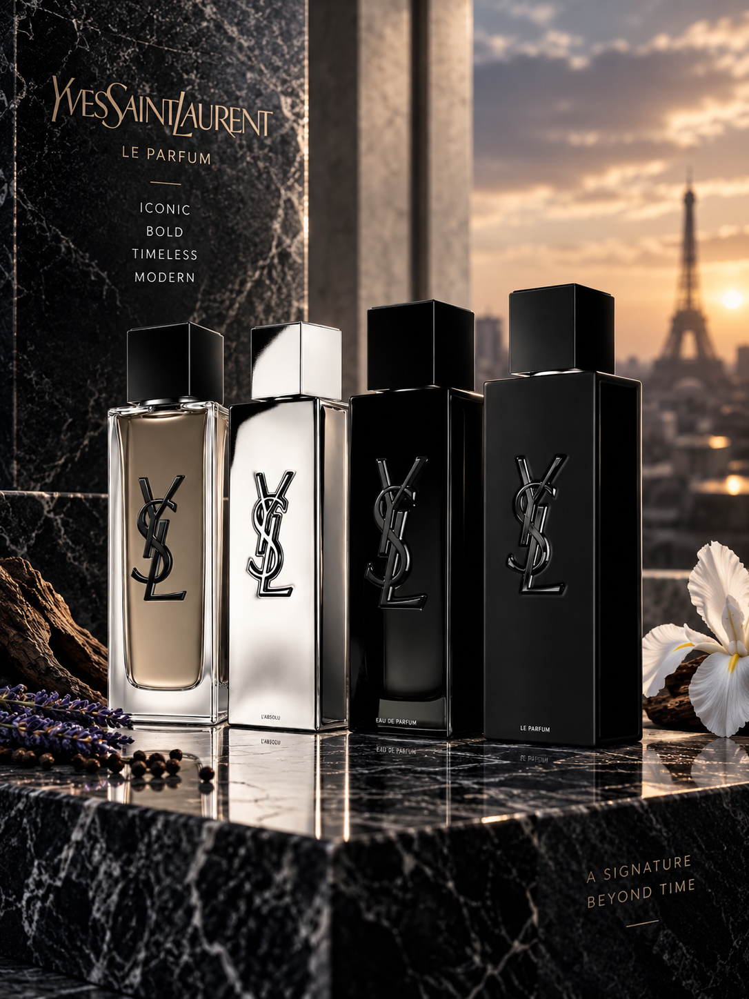YSL MYSLF Discovery Set featuring four men's fragrances in a luxurious Paris setting with black marble, warm sunset lighting and Eiffel Tower view
