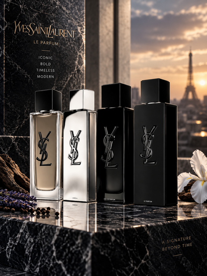 YSL MYSLF Discovery Set featuring four men's fragrances in a luxurious Paris setting with black marble, warm sunset lighting and Eiffel Tower view
