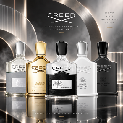 Creed Collection Discovery Set featuring Aventus, Aventus Cologne, Millésime Impérial, Silver Mountain Water and Green Irish Tweed in a luxurious modern setting
