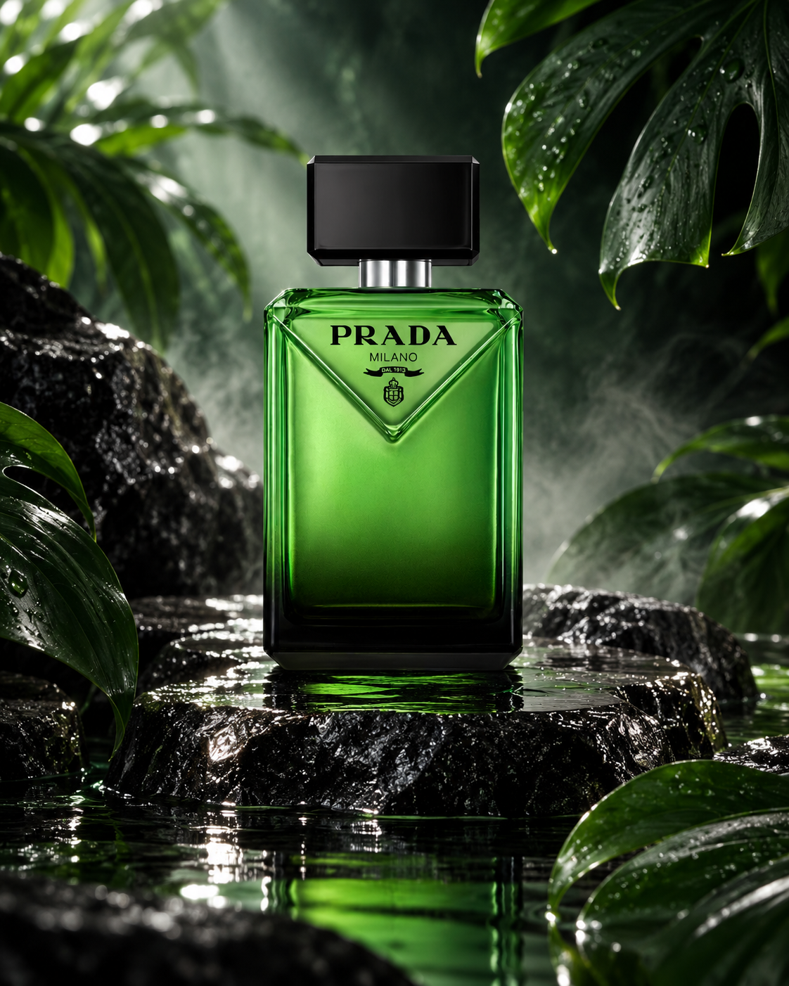 Prada Paradigme EDP men's fragrance bottle on wet black rocks surrounded by lush green leaves and atmospheric mist