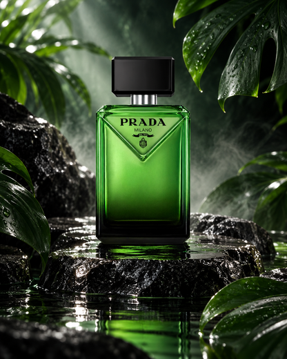 Prada Paradigme EDP men's fragrance bottle on wet black rocks surrounded by lush green leaves and atmospheric mist