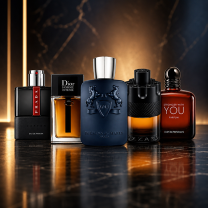 Men's After Dark Discovery Set featuring Parfums de Marly Layton, Dior Homme Intense, Prada Luna Rossa Carbon Eau de Parfum, Azzaro The Most Wanted Parfum, and Emporio Armani Stronger With You Parfum displayed together in a luxury dark marble setting with warm ambient lighting and premium evening fragrance aesthetic